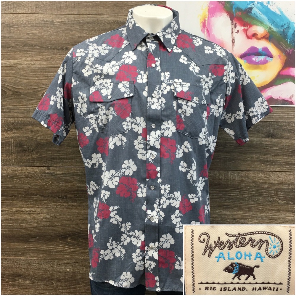 Western Aloha Mens XXL Pearl Snap Shirt Floral Hibiscus Grey Short Sleeve Texas